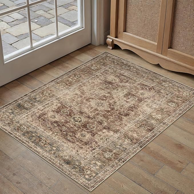 2x3 Washable Area Rug for Entryway Rust Vintage Non-Slip Low Pile Distressed Rustic Carpet Lightweight Vacuumable Inoor Door Mat Soft Small Throw Rug for Entrance Bathroom
