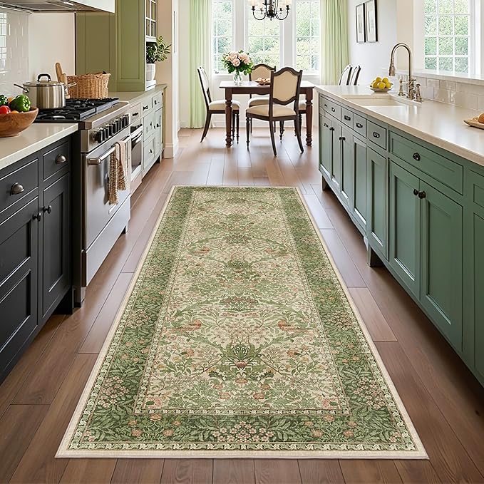 2.6x8 Floral Washable Area Rug Soft Runner Rugs for Kitchen, Vintage Boho Hallway Rug for Bedroom Dining Room, Botanical Birds Non Slip Low Pile Throw Carpet, Retro Pink/Green