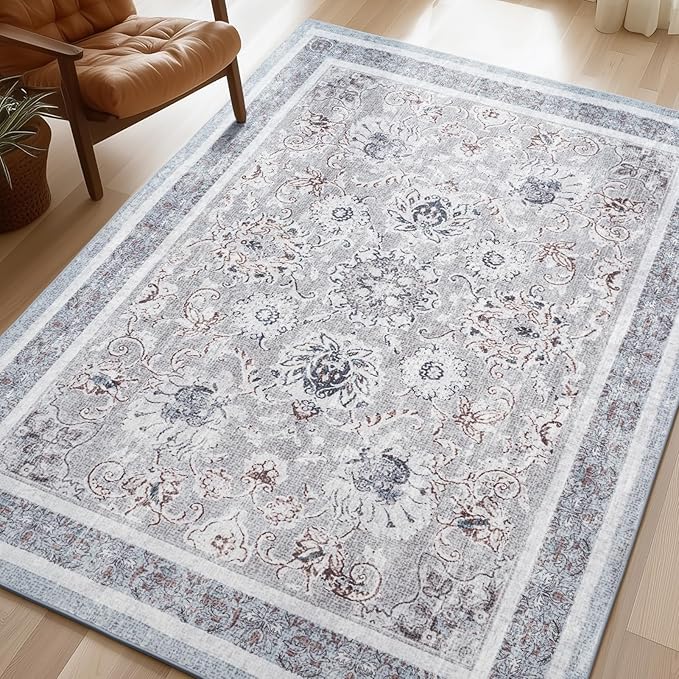 Phantoscope Washable Area Rug 8'x10' Non-Slip, Vintage Neutral Rugs for Living Room, Bedroom, Dining Room, Distressed Boho Floral Medallion Pattern, Low-Pile Foldable Floor Carpet, Light Grey/Neutral