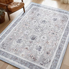 Phantoscope Washable Area Rug 9'x12' Non-Slip, Vintage Neutral Rugs for Living Room, Bedroom, Dining Room, Distressed Boho Floral Medallion Pattern, Low-Pile Foldable Floor Carpet, Light Grey/Neutral
