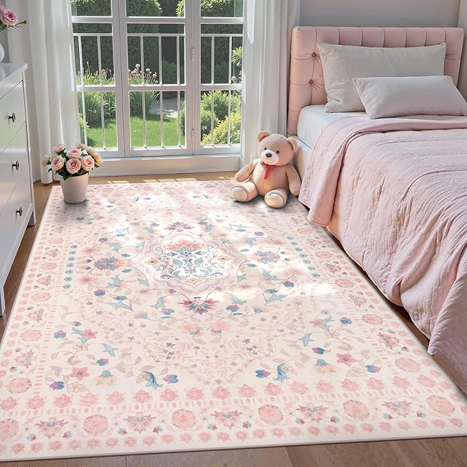 Wonnitar Floral 5x7 Washable Nursery Rug, Pink Rugs for Bedroom Girls, Boho Ultra-Thin Soft Non Slip Floor Carpet for Dorm Living Room Playroom Home Decor, Pastel Pink