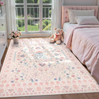 Wonnitar Floral 5x7 Washable Nursery Rug, Pink Rugs for Bedroom Girls, Boho Ultra-Thin Soft Non Slip Floor Carpet for Dorm Living Room Playroom Home Decor, Pastel Pink