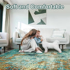 Washable Area Rugs for Living Room 9x12 - Large Neutral Modern Abstract Rug, Soft Low Pile Carpet with Non Slip Backing for Under Dining Room Table, Bedroom, Home, Office, Dorm - Teal Brick