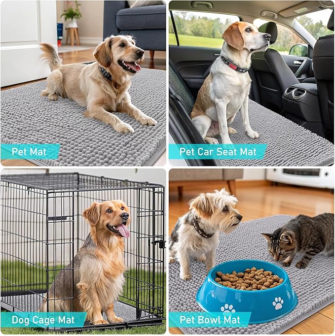 OLANLY Dog Door Mat for Muddy Paws 44x24, Absorbs Moisture and Dirt, Absorbent Non-Slip Washable Doormat, Quick Dry Chenille Mud Mat for Dogs, Entry Indoor Entryway Carpet for Inside Floor, Light Grey