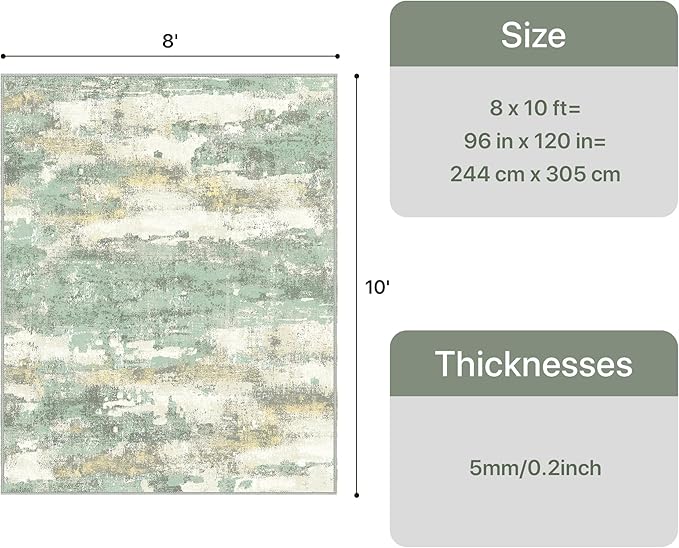 8x10 Area Rugs Washable Green Rug for Living Room Bedroom, Abstract Modern Large Rug Non Slip, Water Repellent Low Pile Soft Carpet for Dining Room, Light Green