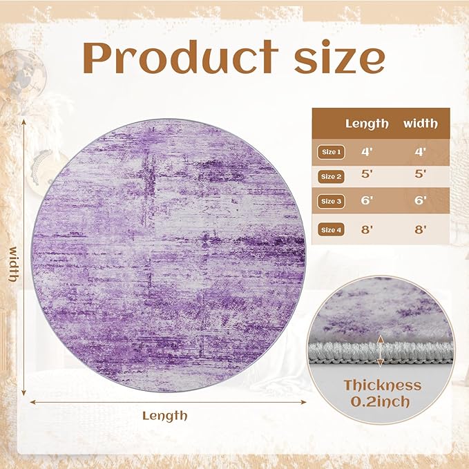 Round 6ft Abstract Rug, Modern Washable Indoor Circle Area Rugs for Living Room, Soft Large Circular Non-Slip Carpet Floor Mat for Bedroom Dining Room Home Office - Abstract Purple
