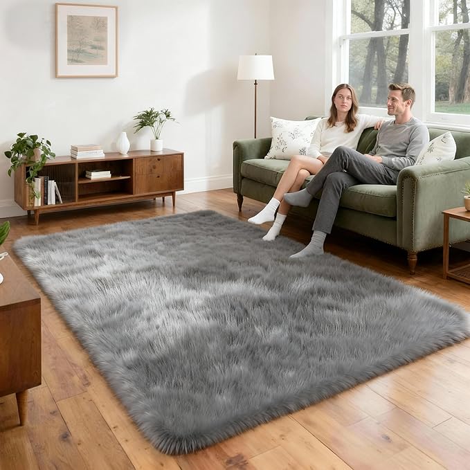 4x6 Solid Fluffy Grey Area Rug – Washable, Durable, Living Room Rug, Non-Slip High Pile Shag Rugs for Bedroom, Living Room, Bedside, Dorms, Nursery Rooms, Kids Room, Soft Indoor Floor Carpet
