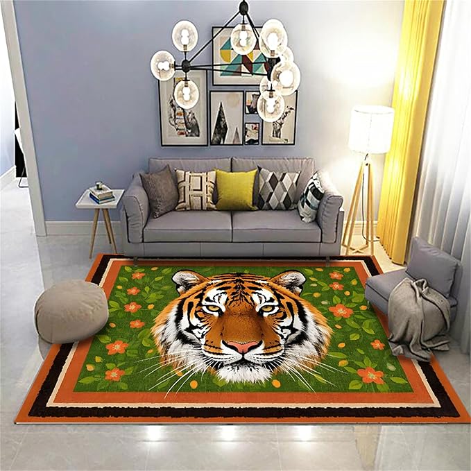 Tiger Print Rug,4x5ft,The Tiger is Surrounded by Orange and Green Floral Patterns. This Rug is Suitable for Boys and Girls' Bedrooms，Anti-Slip Carpet Suitable for Living Room Bedroom Home Decoration