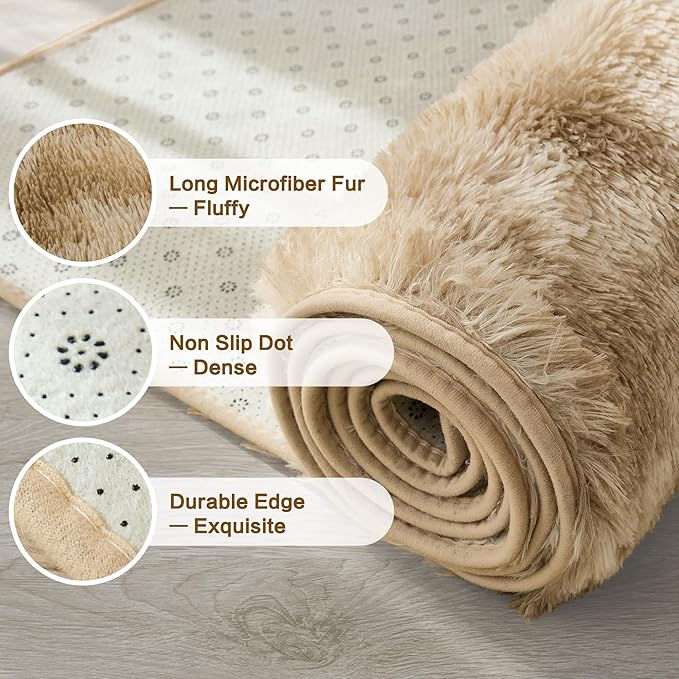 Andency Soft Area Rugs for Living Room Bedroom, 3x5 Non-Slip Fluffy Shag Carpet, Indoor Floor Fuzzy Shaggy Living Room Plush Rug for Kids Dorm Nursery Home Decor Aesthetic, Tie-Dyed Khaki