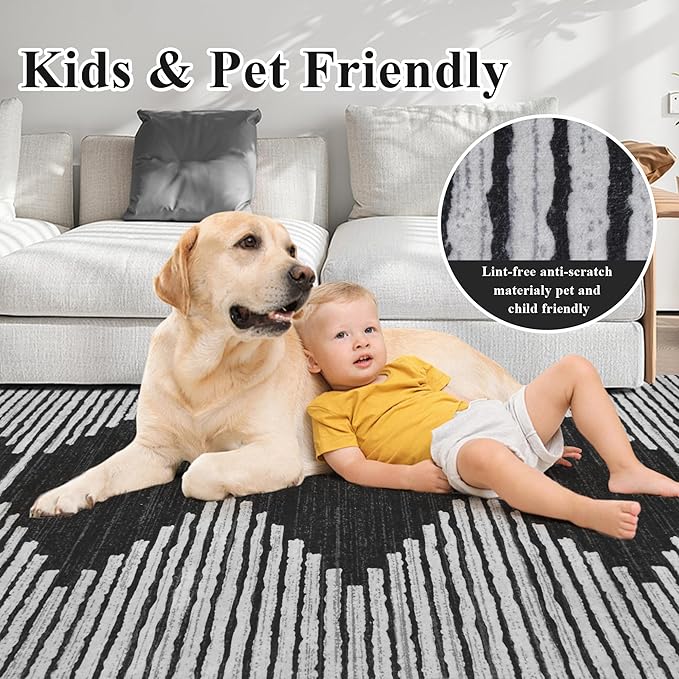 HelloTree Area Rug for Living Room 9x12 Washable Geometric Moroccan Rug Stripe Farmhouse Bohemian Minimalistic Non Slip Non Shedding Ultra Thin Soft Rug for Bedroom Office DiningRoom Nursery-Black