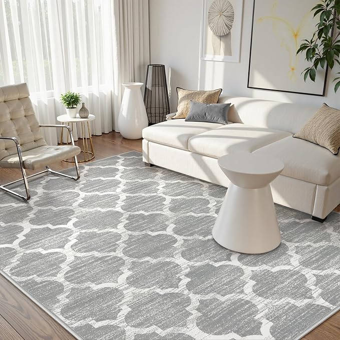 Lahome Moroccan Machine Washable Rug - 5x7 Area Rugs for Living Room Non-Slip Grey 5x7 Bedroom Rugs Throw Large Modern Trellis Carpet for Entryway Office Kitchen Dining Room Rug Decor (5'x7', Gray)