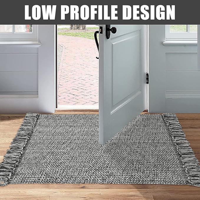 Collive Boho Small Bathroom Rug, 2' x 3' Hand-Woven Kitchen Rugs, Grey Cotton Reversible Washable Modern Farmhouse Carpet for Foyer Bathroom Bedroom Back Door