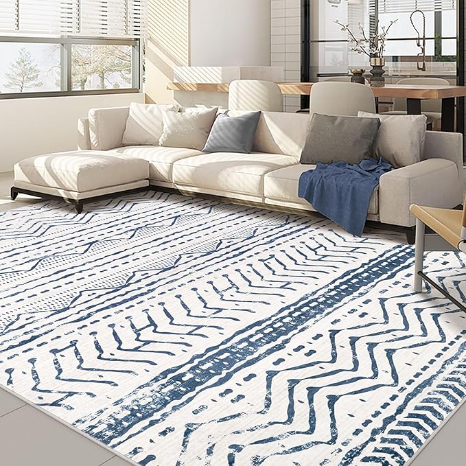 Nakagishi Area Rugs 8x10 Living Room: Washable Boho Large Neutral Soft Farmhouse Rug Stain Resistant Modern Moroccan Non-Slip Indoor Carpet for Bedroom Nursery Kids Playroom Office Dining Room- Navy