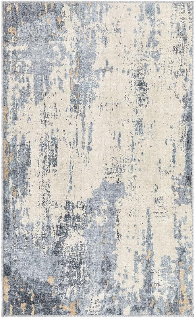 3x5 Area Rug Living Room Rugs - Washable Neutral Modern Abstract Soft Thin Rug Indoor Floor No Slip Rug Carpet for Bedroom Under Dining Table Home Office Decor - Blue/Light Brown