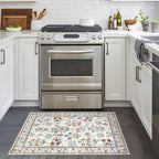 Boho Entryway Rug 2x3 Washable, Ivory Floral Kitchen Rug, Super Thin Faux Wool Small Area Rug, Non-Slip Soft Carpet for Foyer, Bedroom, Office