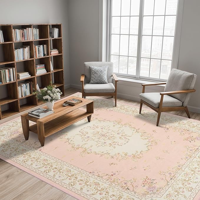 Nursery Rug for Baby Girl, Cute Pink 4x6 Area Rugs for Bedroom Non Slip, Floral Washable Soft Faux Wool Carpet for Living Room Dorm Kids Playroom Office Kids Playroom