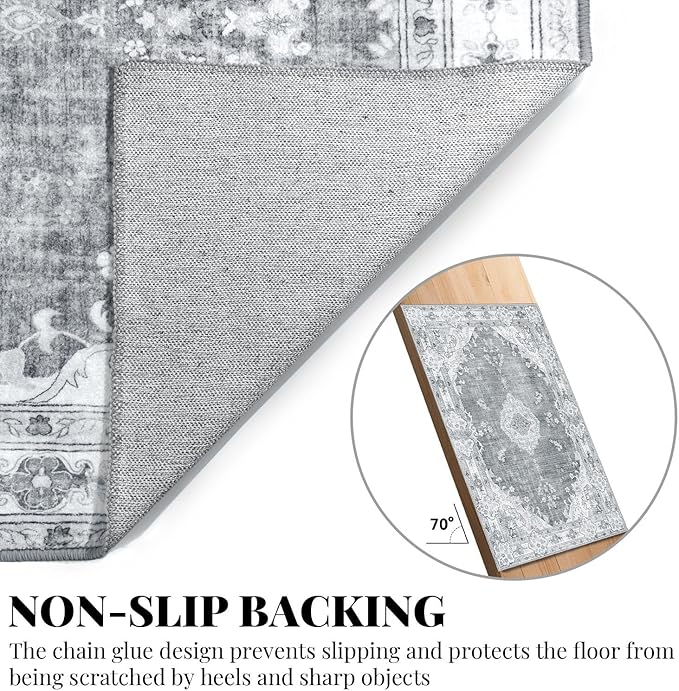 MUJOO Grey Rug 8'x10' Area Rugs for Living Room Bedroom Dining Room,Large Washable Boho Bohemian Vintage Distressed Farmhouse Non Slip Carpet, Floral Flowers