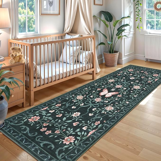 GarveeHome Washable Runner Rug 2x6 Non Slip Hallway Runners Stain Resistant Low Pile Floral Runner Rugs for Kitchen Soft Long Entryway Runner Rugs Black Boho Throw Carpet for Bedroom Nursery, 2x6