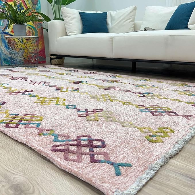Alfa Rich 4x6 Light Pink Washable Area Rugs for Living Room Bedroom Kitchen Girls Decor Cotton Rug