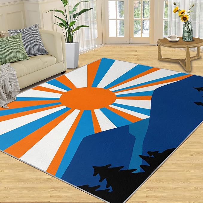 Boho Sun Area Rugs 5x6ft, Abstraction Deco Rugs for Kids Bedroom, Minimalist Sunburst Office Rug Low Pile are Not Stumbling Foot for Living Room End Table Nursery