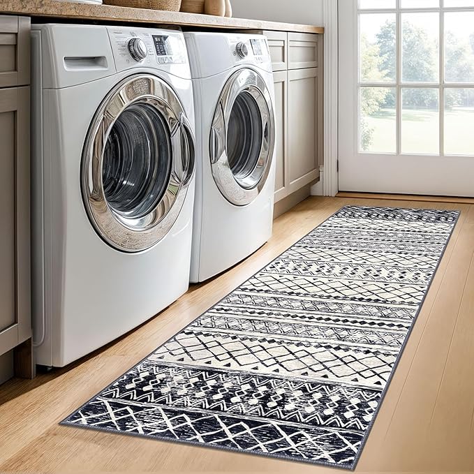 KUTA 2x6 Non-Slip Washable Runners for Hallways,Black Navy Blue Moroccan Boho Distressed Geometric Vintage Kitchen Runner, Ultra Soft Floor Mat for Entryway, Bathroom, Laundry, Living Room, Bedroom