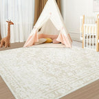 Vintage Living Room Area Rug - 5x7 Large Machine Washable Boho Area Rug Distressed Floral Rugs for Bedroom, Soft Non-Slip Indoor Floor Accent Rugs for Office Dining Room (Cream Beige, 5'x7')
