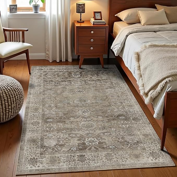 3x5 Washable Rug for Living Room Bedroom Dining Room Non-Slip Low Pile Boho Vintage Distressed Entryway Rug Traditional Floral Retro Accent Throw Carpet for Dining Room Bathroom Kitchen Antique/Moss
