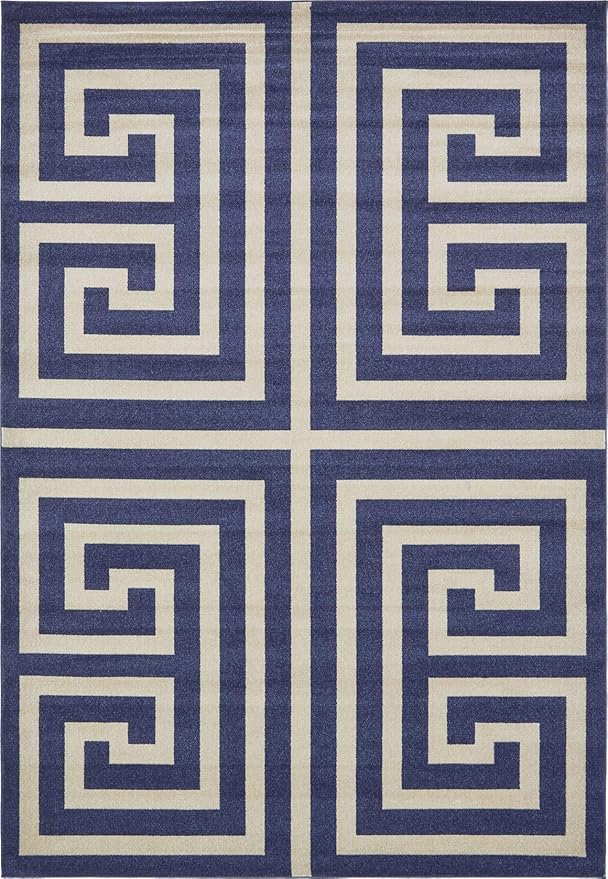 Unique Loom Athens Collection Classic Geometric Modern Border Design Area Rug (8' 0 x 11' 4 Rectangular, Navy Blue/ Beige)