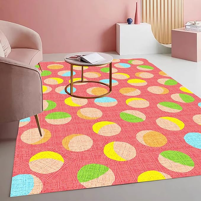 Retro Pink Yellow Green Polka Dot Texture Rug 10x12 Non Slip Washable Soft Area Rugs for Living Room Bedroom Nursery Room Stain Resistant Large Home Office Playroom Indoor Carpet