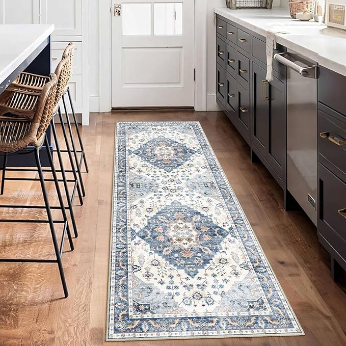 Enkor Runner Rugs for Hallway, 2x6 Washable Soft Non Slip Floor Rugs for Kitchen, Modern Mat for Living Room Bedroom Entryway Blue & White