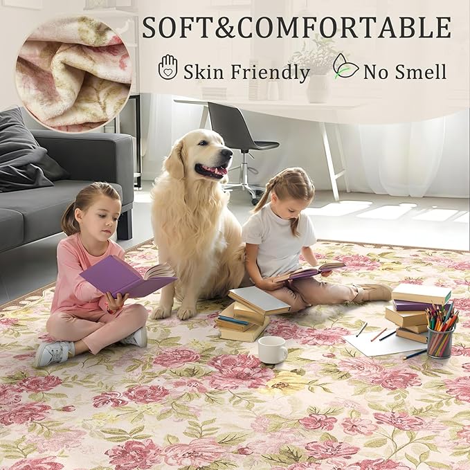 2'6''x8' Machine Washable Runner Rug, Kitchen Hallway Area Rug Pink Vintage Boho Floral Ultra Non-Slip Low Pile Soft Faux Wool Carpet, Kids and Pets Friendly for Bedroom Entryway Nursery Decor Rug