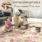 4ft Round Machine Washable Area Rug for Living Room, Pink Vintage Boho Floral Rug Large Non-Slip Low Pile Soft Faux Wool Carpet, Kids and Pets Friendly for Bedroom Nursery Farmhouse Home Decor Rug