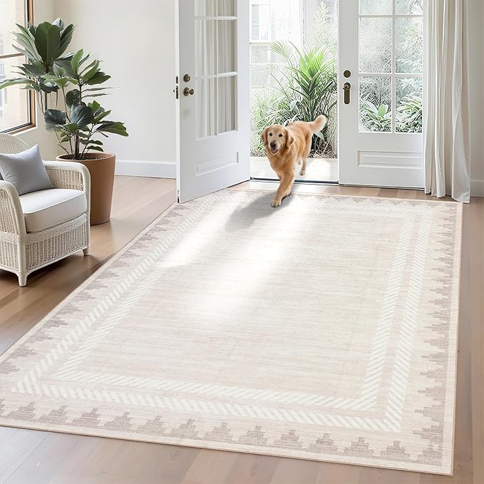 Geometric 8x10 Washable Area Rug for Living Room Dining Room Non Slip Soft Foldable Indoor Carpet Bordered Printed Large Modern Bedroom Rugs Stain Resistant, Beige