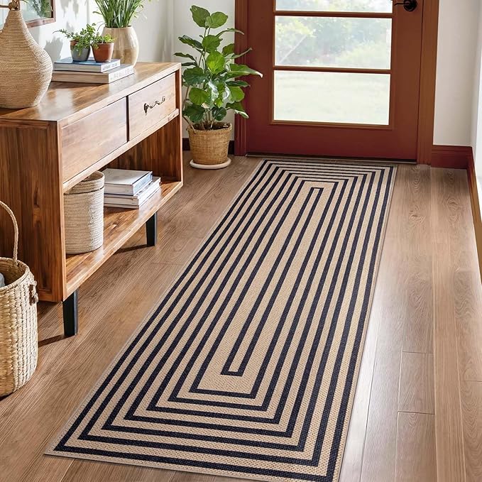 Tangsoo Easy Jute Rug 2x6 Washable Runner Rug for Hallways,Non-Slip Black Geometric Thin Outdoor Rug,Modern Farmhouse Carpet for Porch Laundry Bedroom Living Room Entryway