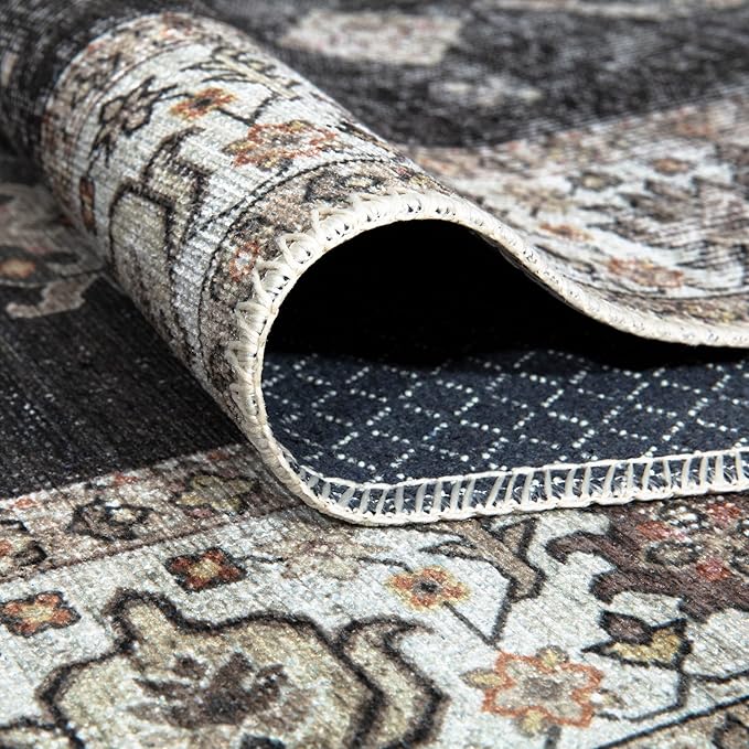 Bloom Rugs Washable Non-Slip 5' x 7' Rug - Black/Ivory Traditional Area Rug for Living Room, Bedroom, Dining Room, and Kitchen - Exact Size: 5' x 7'