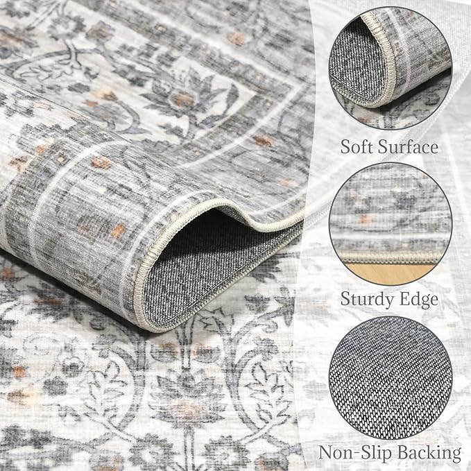 6x9 Washable Rug Vintage Fade Resistant Boho Distressed Non-Slip Indoor Large Carpet Low Pile Lightweight & High-Traffic Safe for Bedroom, Dorm, Playroom - Farmhouse Decor