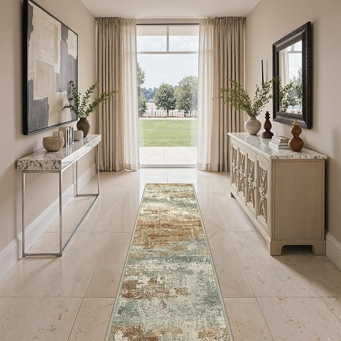 GENIMO Runner Rug Non Slip 2'6"x8', Washable Rug Runner for Hallways Kitchen, Abstract Modern Kitchen Rugs, Low Pile Lightweight Carpet Runners for Entryway, Bedroom, Laundry, Orange Green