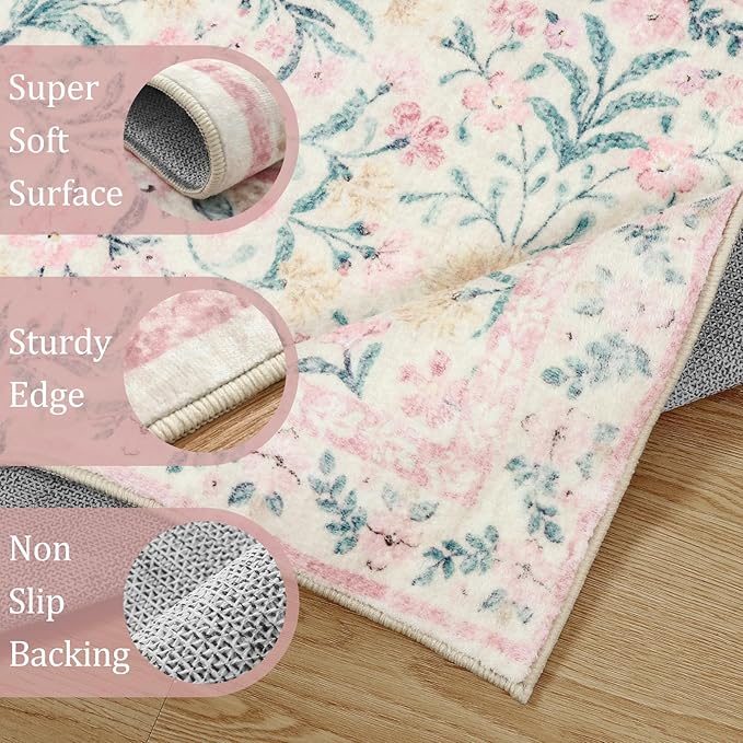Morebes Washable Area Rugs 9x12 Living Room, Large Pink and White Floral Rug for Bedroom, Ultra-Thin Boho Rug Non Slip Distressed Soft Carpet for Nursery Girls Home Dining Room Decor