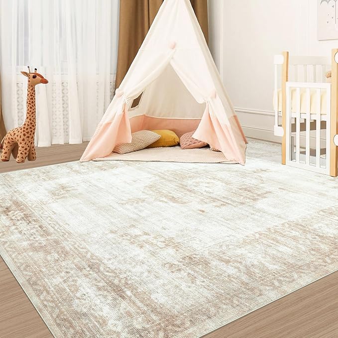 Vintage Living Room Area Rug - 6x9 Large Machine Washable Boho Moroccan Distressed Farmhouse Rugs for Bedroom - Soft Non-Slip Indoor Floor Accent Rugs for Office Dining Room (Beige, 6' x 9')