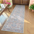 Lahome Floral Washable Kitchen Runner Rug, 2x6 Runners for Hallways Non Slip Ultra-Thin, Boho Soft Hallway Rug Forest Carpet Runners for Bedroom Bathroom Laundry Room, Beige/Blue
