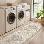 Runner Rug Kitchen Washable Rugs: 3x8 Non-Slip Boho Soft Vintage Stain Resistant Indoor Floor Neutral Farmhouse Throw Carpet for Hallway Bathroom Laundry Room Entryway Bedroom- Brown
