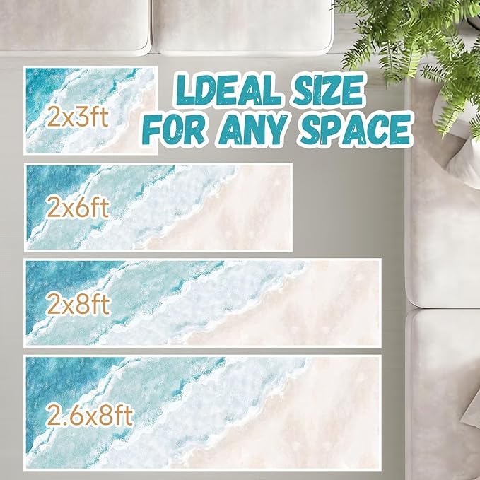 Beach Pattern 2x8ft Runner Rug Non Slip Washable Kitchen Runner Rug with Rubber Backing，Low-Pile Soft Washable Runner Rugs for Hallway Entryway Kitchen Bedroom Living Room Bathroom
