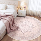 Area Rugs 6ft Washable Non-Slip, Floral Vintage Distress Print Pattern Medallion Carpet for Living Room Bedroom Dining Room, Pink Greypink Cute
