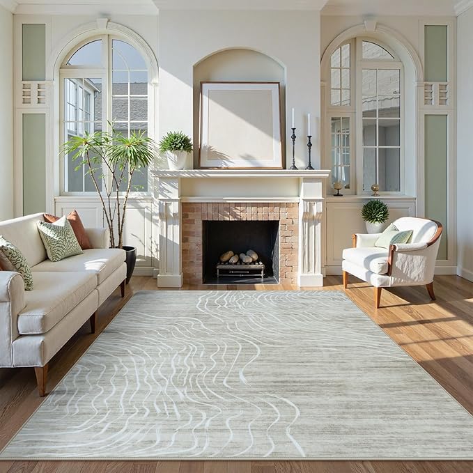 LIVEBOX Machine Washable Modern Abstract 6x9 Area Rug Clearance, Non Slip Large Bedroom Living Room Nursery Girl Rug Minimalist Wave Striped Neutral Boys Rug, Carpet for Playroom(Beige,6'x9')
