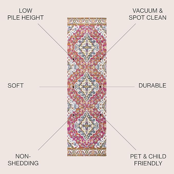 JONATHAN Y Boho Vintage Fuchsia/White Runner Rug, 2x8, Bohemian Flair Medallion, Floral Easy-Cleaning High Traffic for Living Room, Bedroom, Kitchen, Pet-Friendly, Non-Shedding (BMF106C-28)