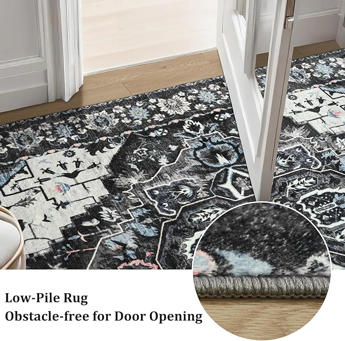 Beglad Area Rugs 4x6 for Living Room, Bedroom, Washable Vintage Rugs -Low Pile Soft Distressed Rugs for Kitchen, Dining Room, Non Shedding, Black and Blue