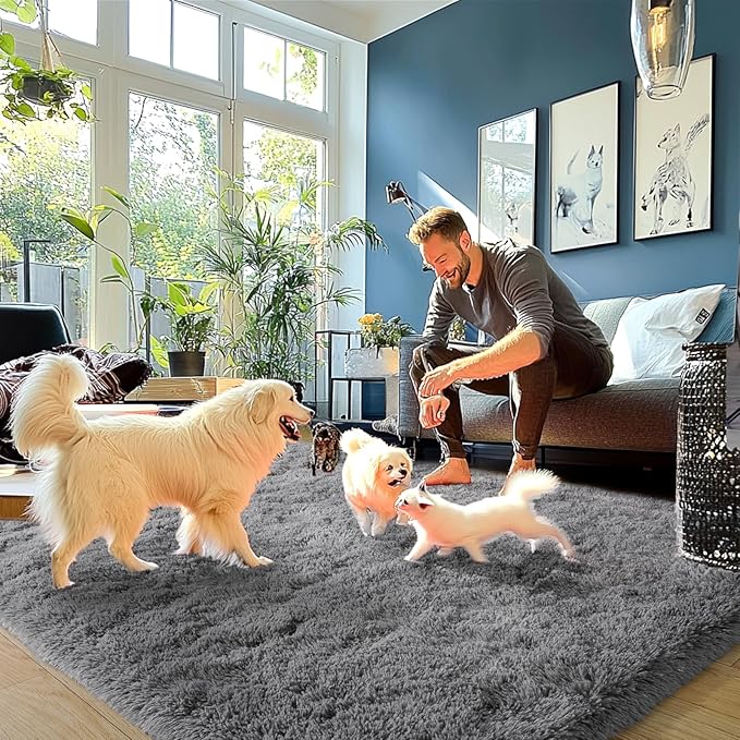 Dark Gray Fluffy Rug Plush Carpet for Bedroom Dorm, Non-Slip High Pile Rug, Shag Rug for Playroom Nursery Home Office Decor 5X7Ft