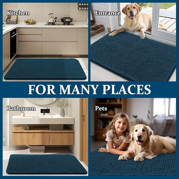 OLANLY Dog Door Mat for Muddy Paws 59x35, Absorbs Moisture and Dirt, Absorbent Non-Slip Washable Doormat, Quick Dry Chenille Mud Mat, Entry Indoor Entryway Carpet for Inside Floor, Atlantic Blue