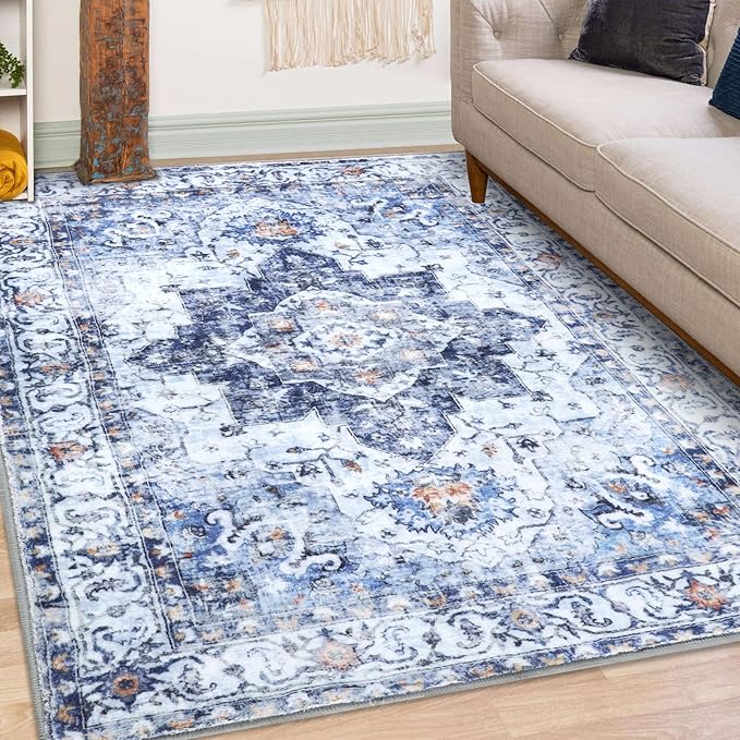 COMSLE 4x6 Rugs for Living Room Washable Area Rugs for Bedroom Faux Wool Distressed Throw Rugs Absorbent Non-Slip Floor Carpet for Indoor Kitchen Laundry Room Blue