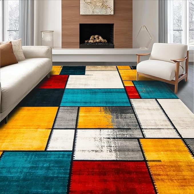 Flatwoven High Traffic Area Rug 6x9, Eclectic Mosaic Patchwork with Distressed Abstract Shapes and Lines, Non Slip, Stain Resistant, Washable Area Rugs for Living Room, Bedroom (Red, 6x9)